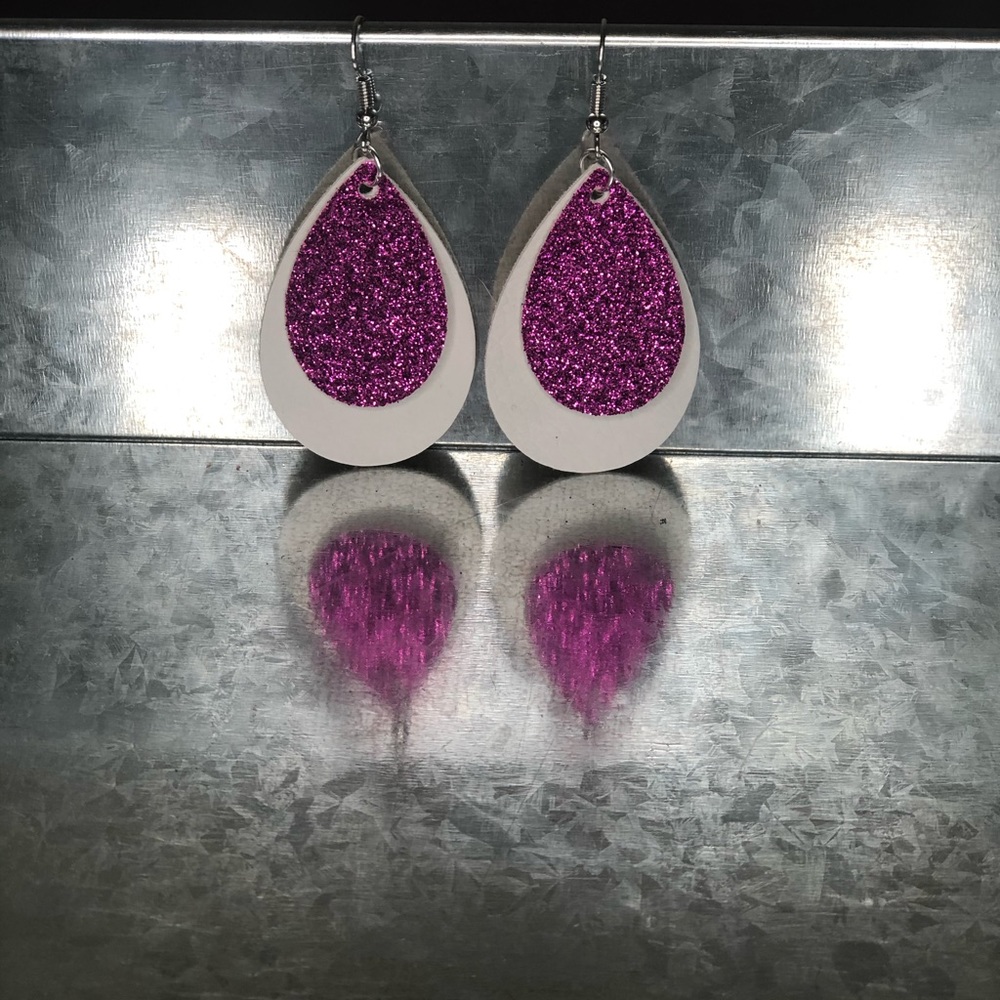 2” Faux Leather and Glitter Tear Drop Earrings